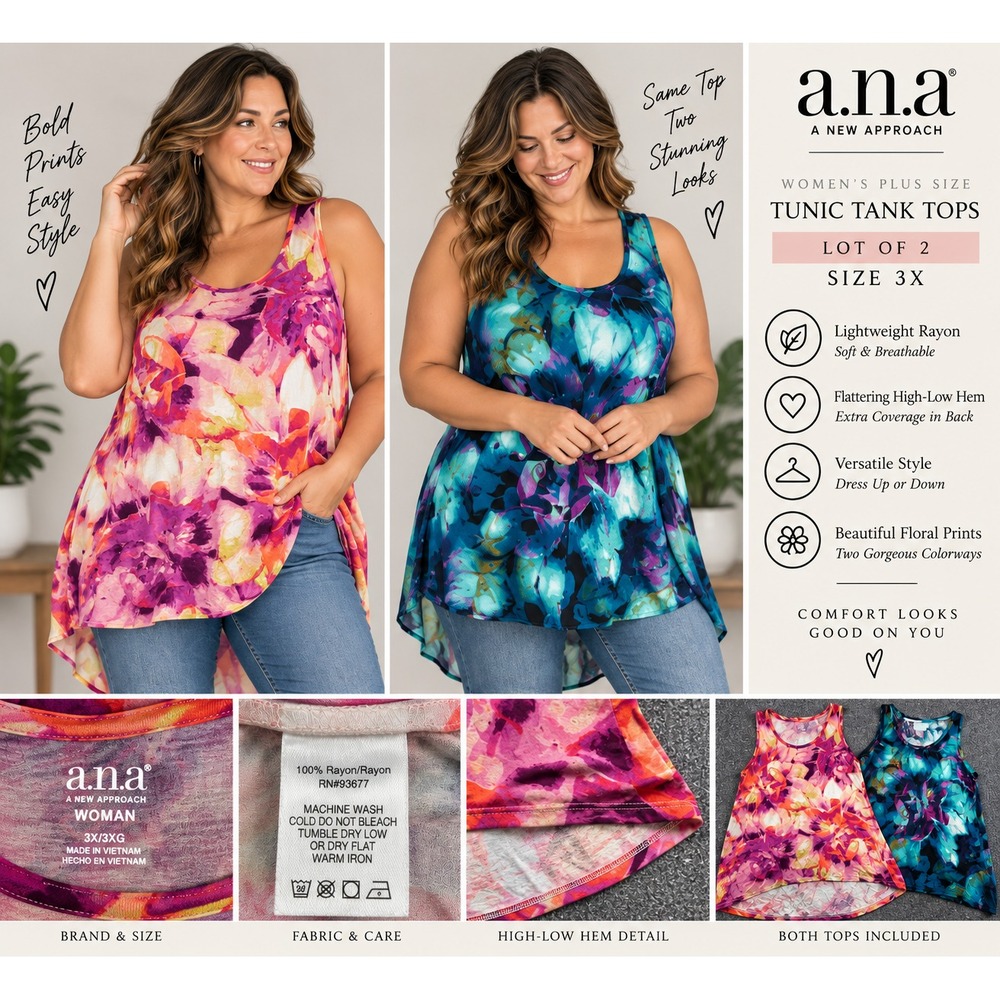 ana A New Approach Tank Top Lot 2 Womens 3X Floral Rayon Tunic High-Low Shell